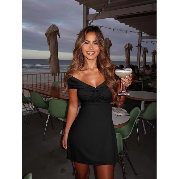 Women's Black Sexy Ruffle Sleeve V Neck Wrap Cocktail Bodycon Mini - Picture 3 of 5